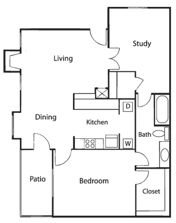 A floor plan of a house with a living room, dining room, kitchen, bedroom, patio, study, and closet.